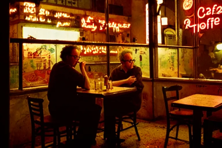 Image similar to old israeli cafe, todd solondz drinking alone, vaporwave colors, state of melancholy, romantic, dimmed lights, realistic