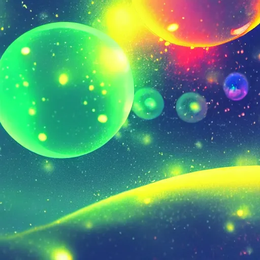 Prompt: a human hand holding a bunch of soap bubbles in a cosmos space full of stars and clouds, volumetric light, green and yellow colors, digital art, artstation