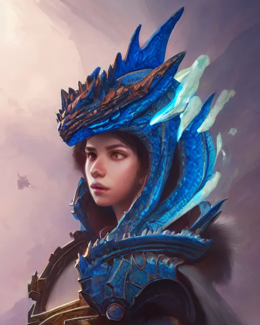 Image similar to Portrait of a Fantasy azure dragon hunter, HD, illustration, epic, D&D, fantasy, intricate, elegant, highly detailed, digital painting, artstation, concept art, smooth, sharp focus, illustration, art by artgerm and greg rutkowski and alphonse mucha, monster hunter illustrations art book