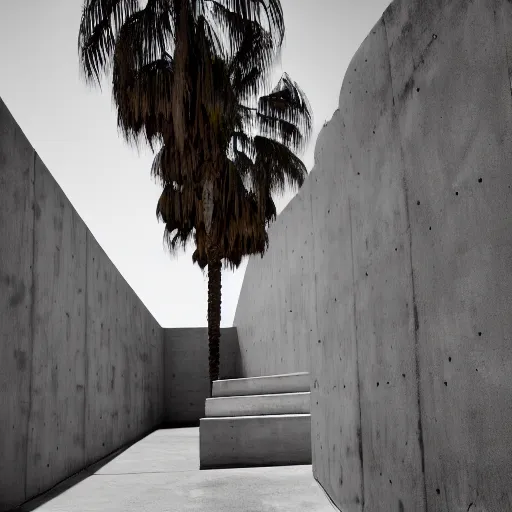 Prompt: noisy color photograph of a concrete underground retrofuturist liminal space, sky made of concrete, staggered terraces, centered palm tree growing out of concrete, hidden area, unknown space, minimalist, cinematic, soft vintage glow