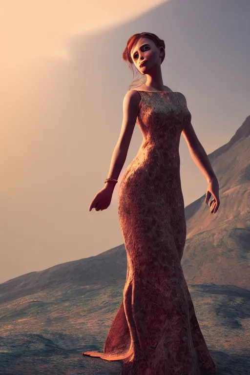 Image similar to a girl in a magnificent dress stands near a volcano, photorealistic, high resolution, trending on artstation, highly detailed, volumetric lighting