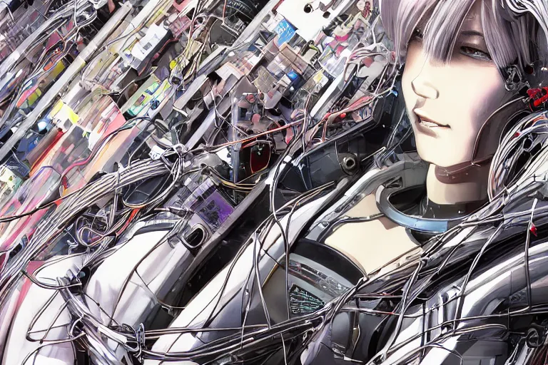 Image similar to a finely composed cyberpunk illustration of a group of female androids in style of hajime sorayama, lying on an abstract, empty, white floor with their body parts scattered around and cables and wires coming out, by katsuhiro otomo and masamune shirow, hyper-detailed, intricate, colorful, view from above, wide angle, close up, beautiful