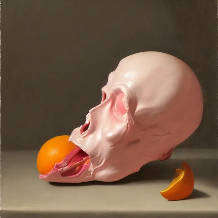 Image similar to still life painting of a melting glossy pink mannequin head, by pieter claesz, oil on canvas, strong lighting, highly detailed, peeled orange, dragon fruit, hyper realism, golden hour, god rays, hd, 4 k