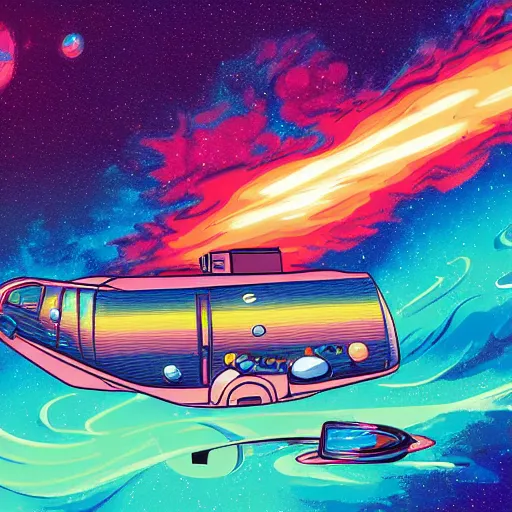 Image similar to Digital painting of a cosmic RV flying through space by Dan Mumford, hyperdetailed, trending on Artstation