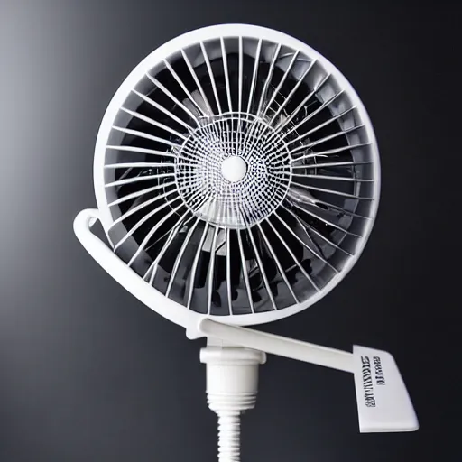 Prompt: desk fan with a tube attached to the back going all the way up to the cealing but not attached to the ceiling, professional photography, studio lighting