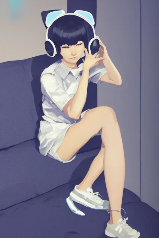 Prompt: a cute young woman sitting on a couch while listening to music with her eyes closed and wearing cat ear headphones by Ilya Kuvshinov and Range Murata, white bob cut hair, blue filter, blue and white, soft lighting, atmospheric, cinematic, moody, digital painting, 8k