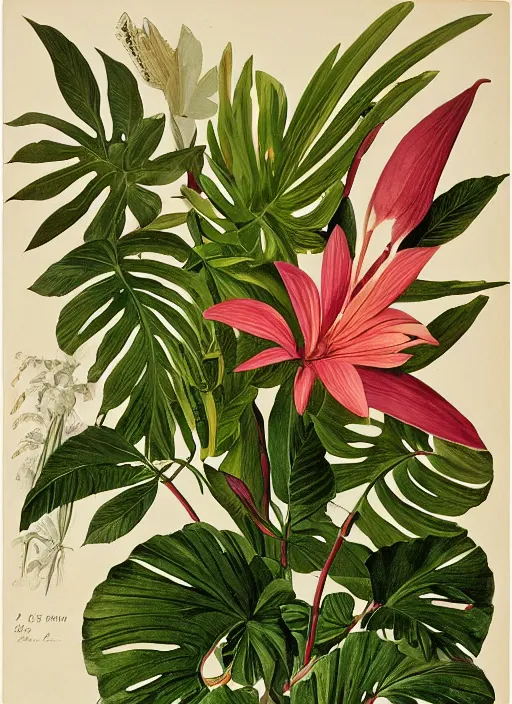 Prompt: tiger, tropical plants, botanical, large exotic flowers, biology, realistic, painted by john audubon