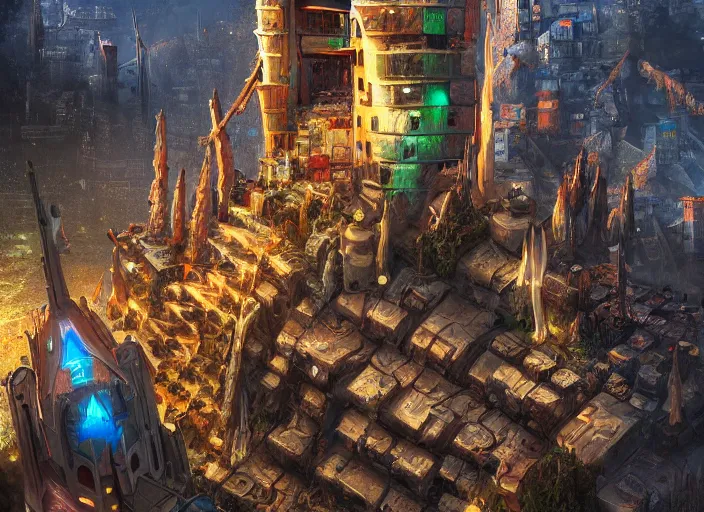 Image similar to favela fantasy cathedral, sci - fi environment, sorcery, scenery, professional, award - winning, trending on artstation, hyper detailed, realistic, beautiful, emotional, shiny, colorful, picture