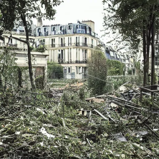 Prompt: photo of an overgrown paris in ruins