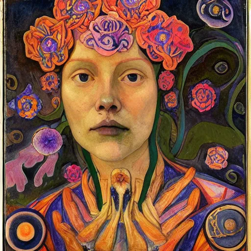 Prompt: the queen of flowers and bones, by Annie Swynnerton and Nicholas Roerich and Diego Rivera, bioluminescent skin, elaborate costume, geometric ornament, symbolist, cool colors, smooth, sharp focus, extremely detailed