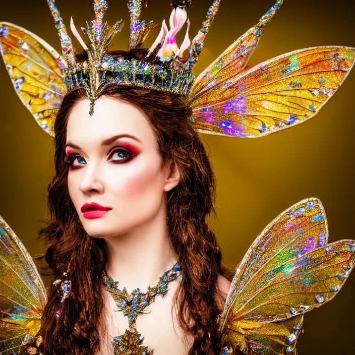 Image similar to photo of a very beautiful!! fairy queen with ornate sparkling robes, highly detailed, 4 k, hdr, smooth, sharp focus, high resolution, award - winning photo