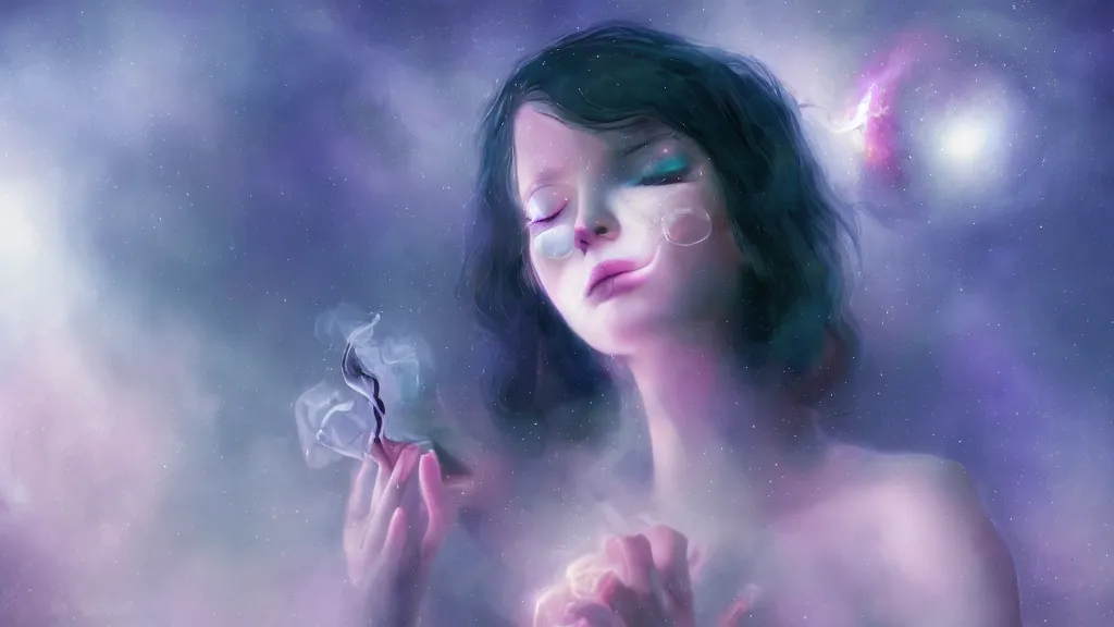 Image similar to whimsical, a single beautiful playful woman, wearing professional makeup, standing in a lake, blowing trippy smoke, under the stars, with a binary black hole with a ring in the sky, by Lois van Baarle, by Greg Rutkowski, by Ilya Kuvsninov, cinematic angle, face enhance, volumetric lighting, cinematic lighting, digital art, 4k resolution, octane render, trending on artstation, masterpiece