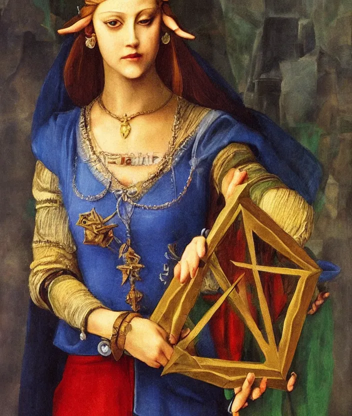 Prompt: oil painting half-length portrait of Princess Zelda holding the triforce by Leonardo da Vinci