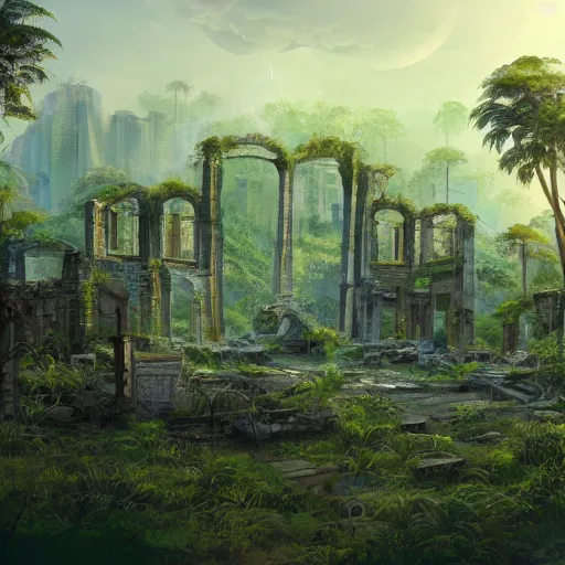 Image similar to Abandoned ruins of city in the middle of the jungle, 8k, detailed, concept art, trending on artstation