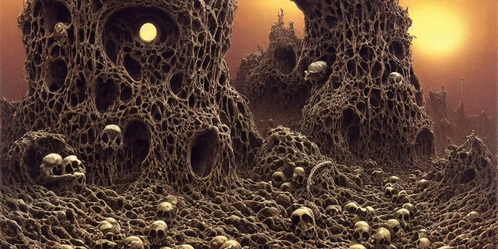 Prompt: wasteland of malformed mammal skulls, Zdzislaw Beksinski, Wayne Barlowe, Joe Fenton, gothic, cosmic horror, dystopian, biomorphic, lovecraftian, amazing details, cold hue's