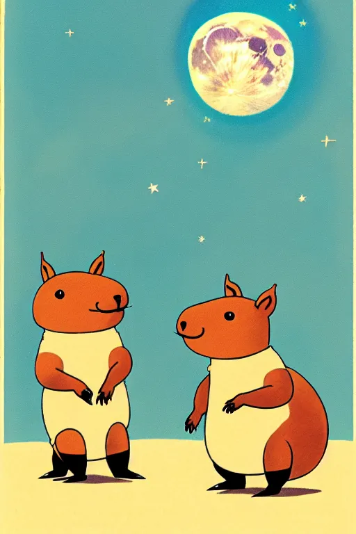 Image similar to by richard scarry. capybara on the moon. a 1 9 5 0 s retro illustration. studio ghibli. muted colors, detailed