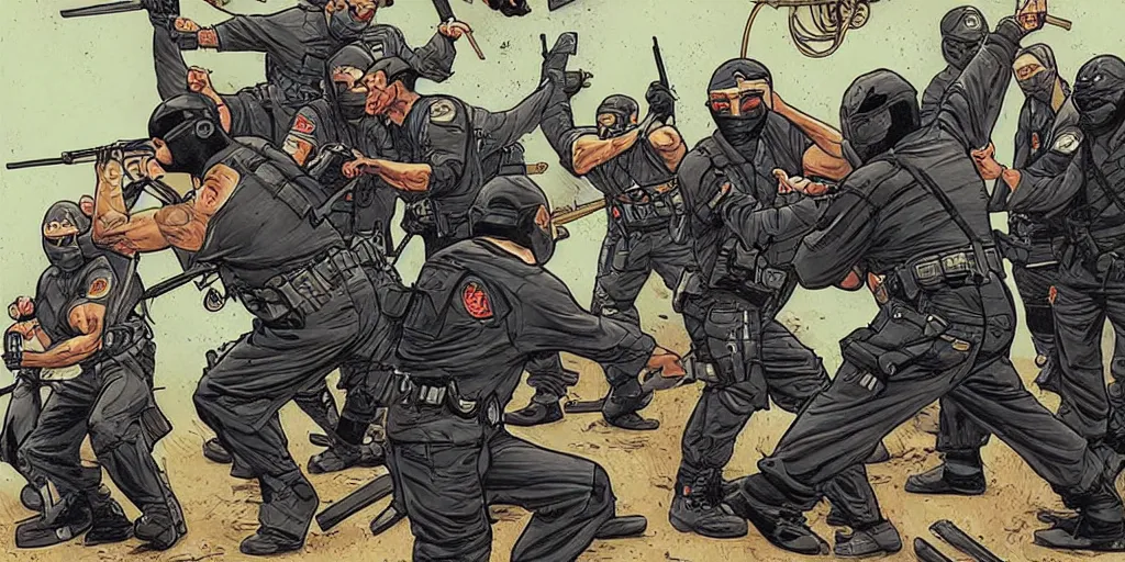 Prompt: Milwaukee cops vs. Ninjas. Epic painting by James Gurney and Laurie Greasley.