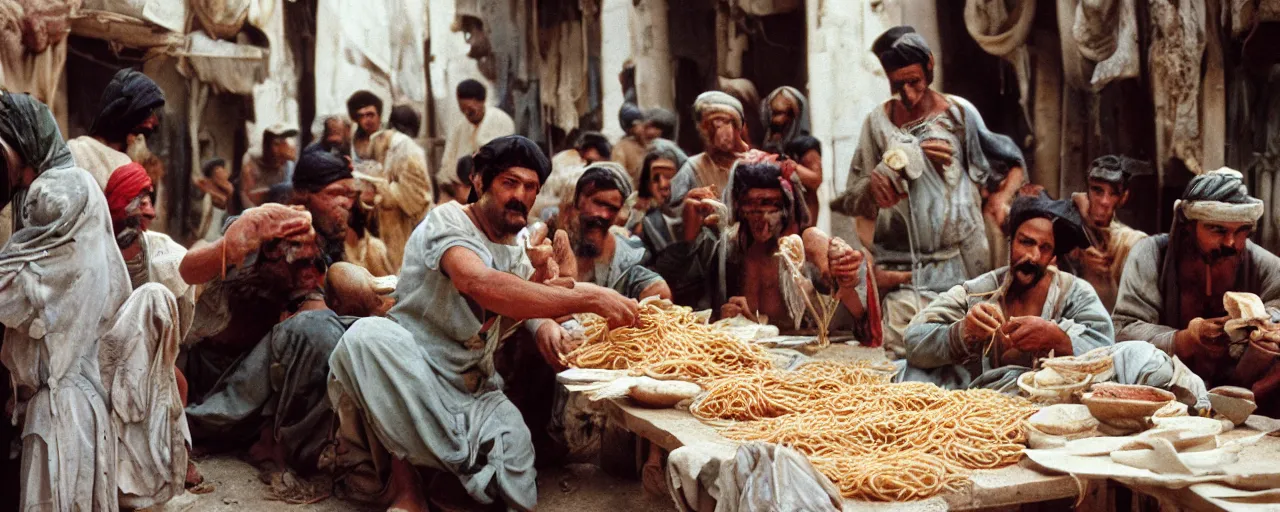 Image similar to ancient babylonians trading spaghetti with merchants, canon 5 0 mm, wes anderson film, kodachrome