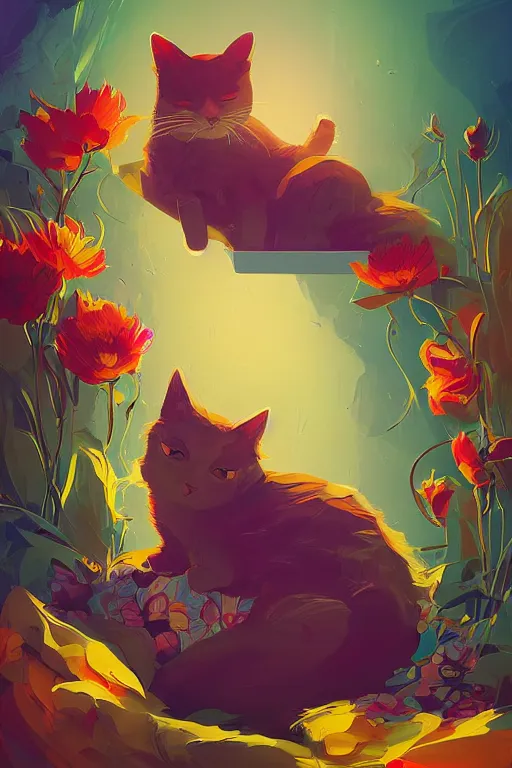 Image similar to a digital art of a cat sleeping in the room with flowers around in the afternoon, the sun shines in, animal, light effect, highly detailed, by anton fadeev