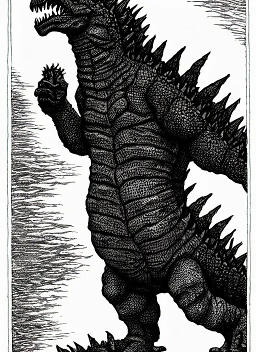 Image similar to godzilla as a d & d monster, full body, pen - and - ink illustration, etching, by russ nicholson, david a trampier, larry elmore, 1 9 8 1, hq scan, intricate details, stylized border