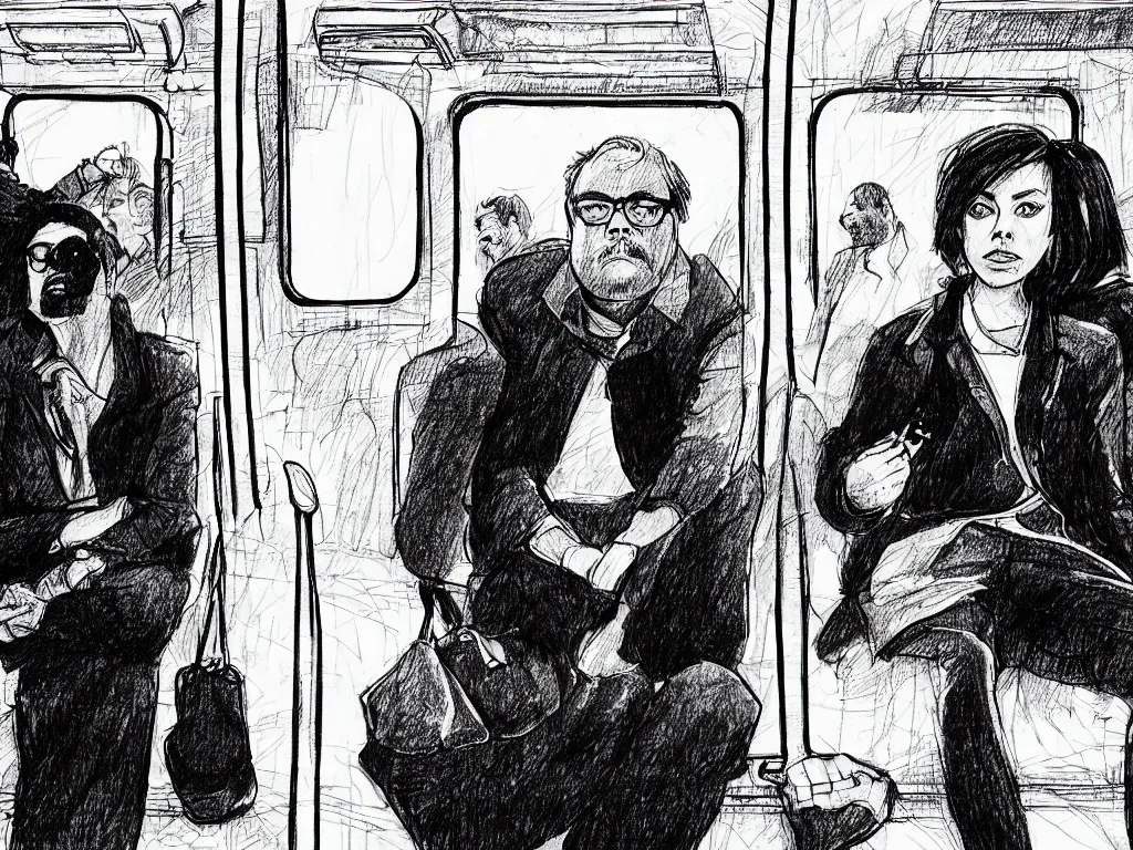 Image similar to a pen and ink drawing by Jaime Hernandez, a low angle medium shot of two people sitting in an empty Chicago subway train, in front of windows: a sad Aubrey Plaza wearing a winter coat and a man who looks like a mix of (Louis CK and Philip Seymour Hoffman) in a suit