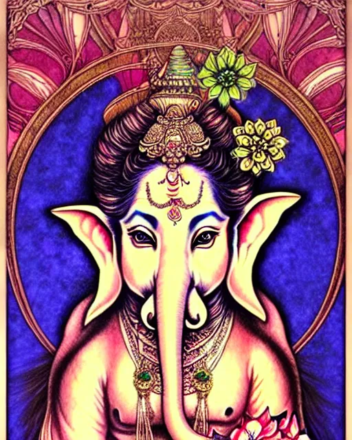 Image similar to beautiful and playful ethereal ganesha portrait, art nouveau, fantasy, intricate japanese flower designs, elegant, highly detailed, sharp focus, art by chie yoshii