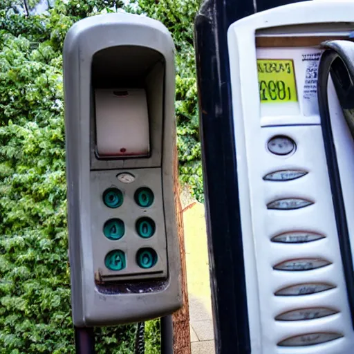 Prompt: talking on a pay phone when a foot comes through the line