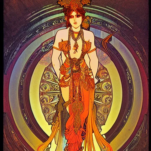 Prompt: hindu goddess of firespinning, by alphonse mucha, burning man, intricate