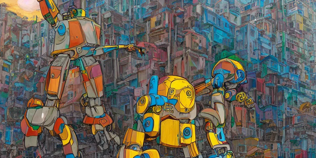 Image similar to colourful - damaged - giant mecha ROBOT of AJEGUNLE SLUMS in Lagos, markings on robot, Golden Hour, in the style of studio ghibli,