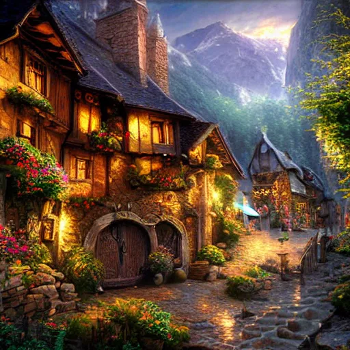 Prompt: my precious! - the hobbit, thomas kinkade - j. r. r. tolkien - a medieval village in switzerland, ornate, beautiful, atmosphere, vibe, flowers, concept art illustration, greg rutowski, volumetric lighting, sunbeams, particles