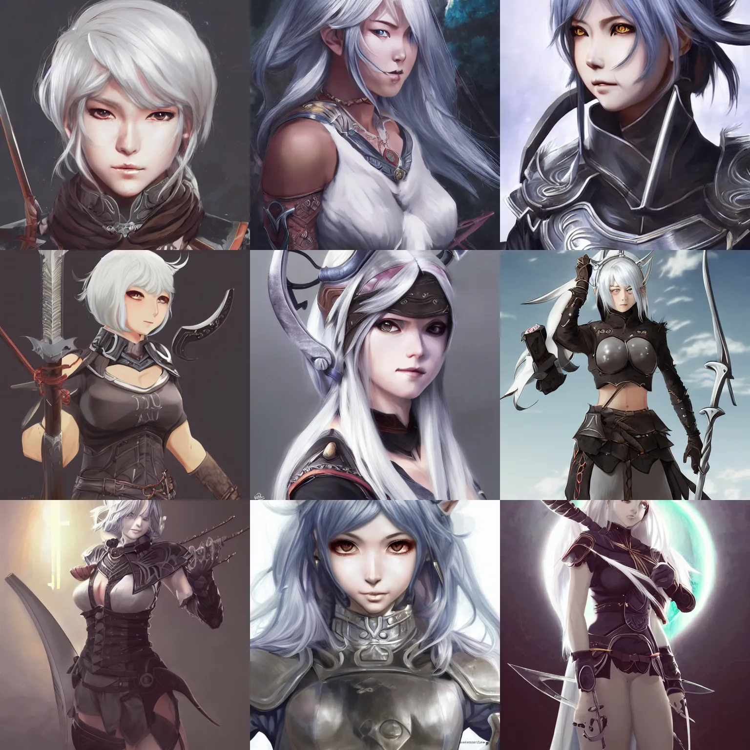 Prompt: An anime portrait of Ssunbiki as a silver-haired huntress from Skyrim, by Stanley Artgerm Lau, WLOP, Rossdraws, James Jean, Andrei Riabovitchev, Marc Simonetti, and Sakimichan, trending on artstation