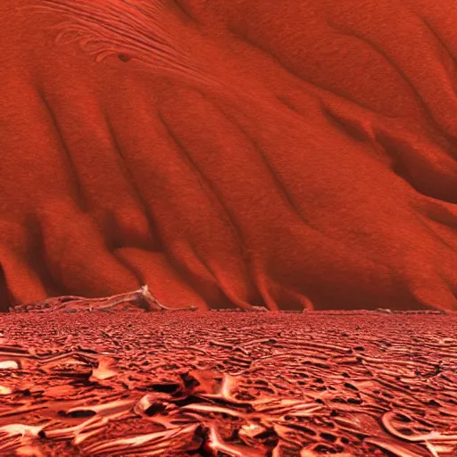 Image similar to biomechanical alien structures on a mars like environment with red weeds covering everything