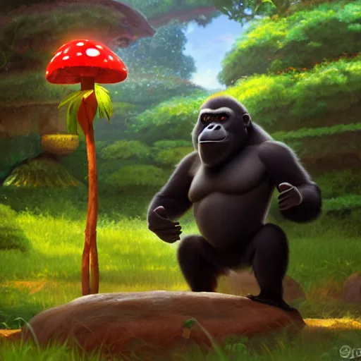 Image similar to a wholesome animation key shot of a gorilla holding a very small red mushroom, chilled out smirk on face, listening to music, jeep in background, studio ghibli, pixar and disney animation, sharp, rendered in unreal engine 5, anime key art by greg rutkowski, bloom, dramatic lighting