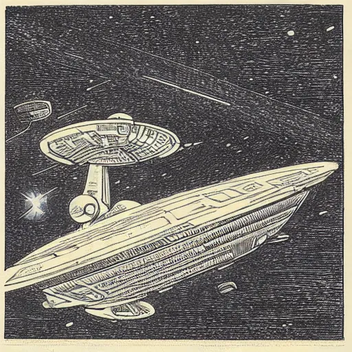 Prompt: woodcut of starship enterprise, star trek, by gustave dore