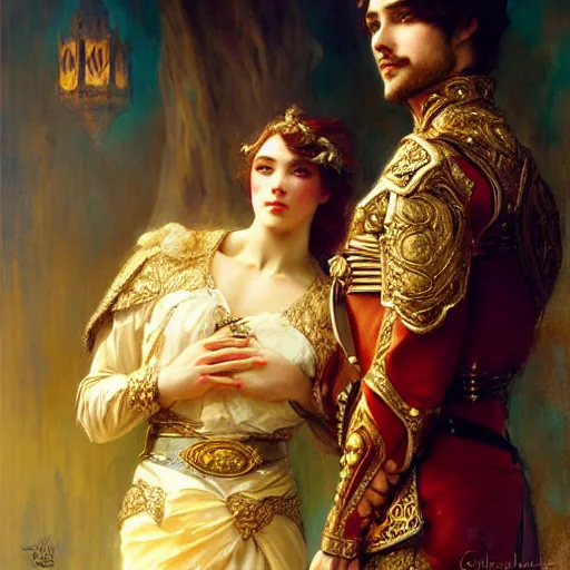 Image similar to attractive fully clothed king confesses his love for his attractive fully clothed male prince consort. highly detailed painting by gaston bussiere, tom bagshaw, j. c. leyendecker