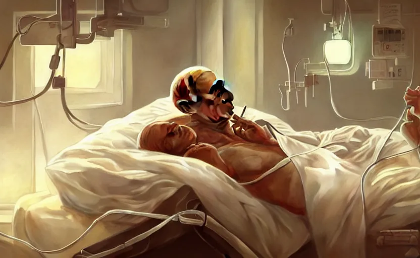 Image similar to Putin lies in hospital bed with an oxygen mask, intricate, portrait, highly detailed, digital painting, artstation, concept art, smooth, sharp focus, illustration, cinematic lighting, art by artgerm and greg rutkowski and alphonse mucha