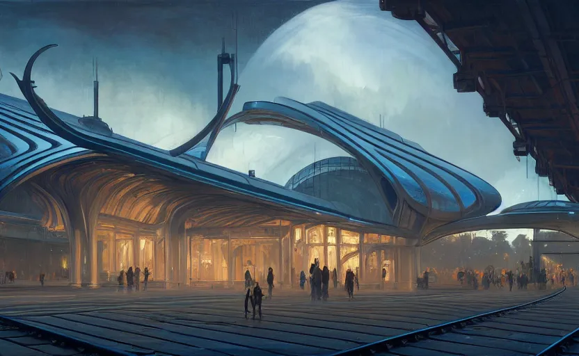 Image similar to exterior shot of utopian train station with cinematic lighting by zaha hadid and renzo piano, darek zabrocki and greg ruthkowski, alphonse mucha, simon stalenhag, cinematic, holy place, paradise, scifi, futurism, atmospheric, dusk, concept art, artstation, trending on artstation