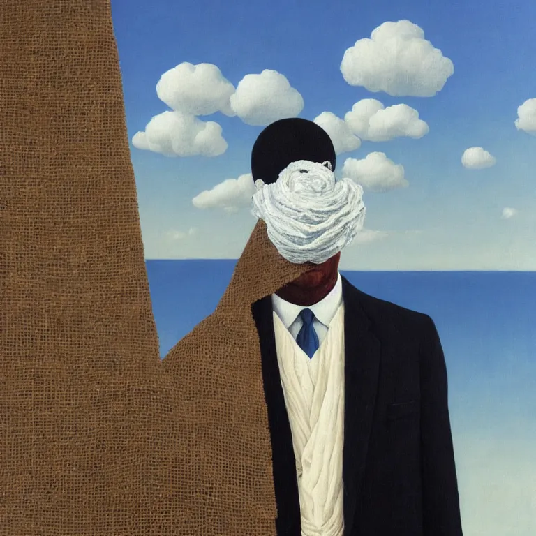 Image similar to portrait of a burlap sack - head man in a suit, clouds in the background, by rene magritte, detailed painting, distance, centered, hd, hq, high resolution, high detail, 4 k, 8 k