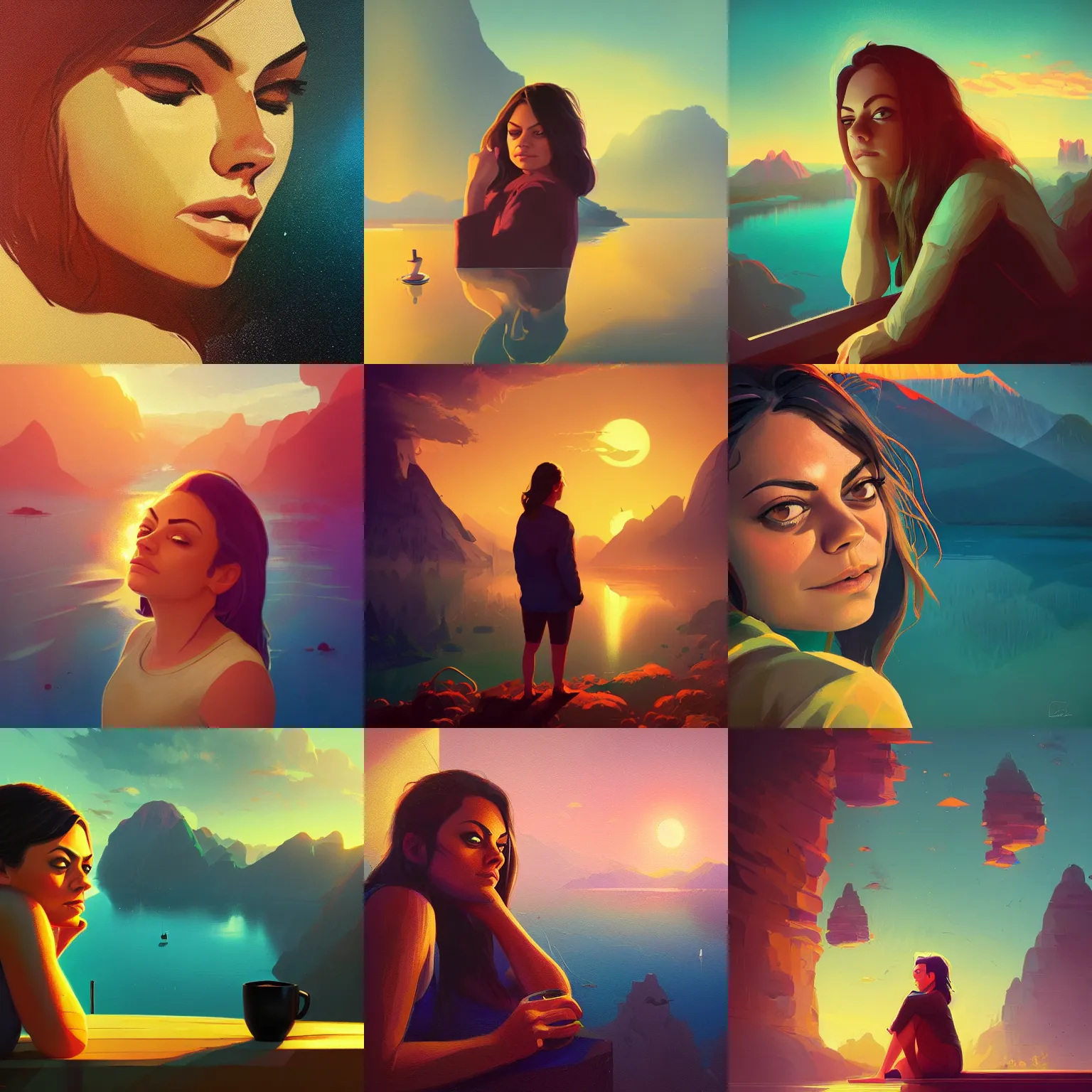 Prompt: close - up portrait of sleepy mila kunis, morning golden hour, steaming coffee, mystical lake view vista, anton fadeev, paul lehr, rhads, alena aenami