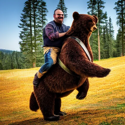 Image similar to man riding bear, XF IQ4, 150MP, 50mm, f/1.4, ISO 200, 1/160s, natural light, Adobe Photoshop, Adobe Lightroom, DxO Photolab, polarizing filter, Sense of Depth, AI enhanced, HDR