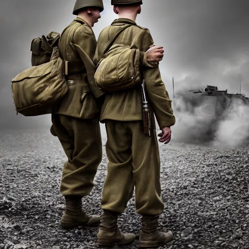 Image similar to world war 2 soldiers, 4 k, high resolution, still, landscape, hd, dslr, hyper realistic