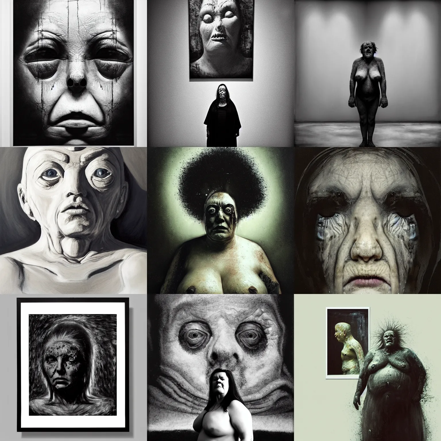 Prompt: portrait of big old sumoringer as despair from sandman, in a white void with empty frames all around her, venus of willendorf, by jeremy mann, by gregory crewdson, sad face, black hair, white room, soft lightning, high detailed, 8 k