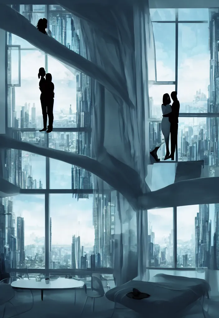 Image similar to silhouette of hugging couple in a futuristic appartment, window with a futuristic city, rossdraws, global illumination, radiant light, detailed and intricate environment