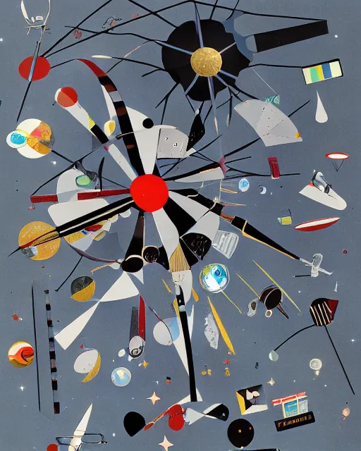 Image similar to A mid-century modern collage, made of random shapes cut from fashion and science magazines and text books, of Space Travel, landing on the moon.