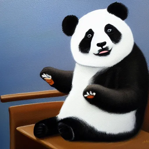 Prompt: oil painting of a sad panda that sits on a flat bench alone and sad with gym pants