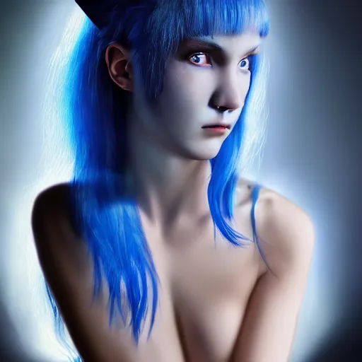 Image similar to portrait of young girl half dragon half human, dragon girl, dragon skin, dragon eyes, dragon crown, blue hair, long hair, highly detailed, cinematic lighting, chiaroscuro lighting, By David Lynch