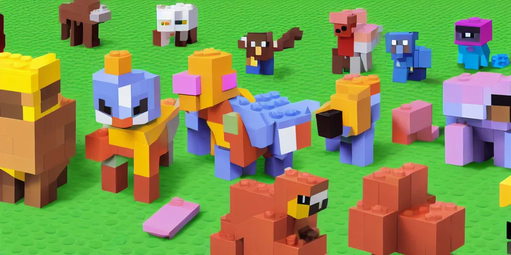 Image similar to small creatures made of a single brick, four legged, big cute eyes, quadrupedal, cute looking, kawaii, sharp focus, character sheet, game concept art, blocky, lego mixels, flat toon style like katamari damacy inspired, pokemon inspired, blocky like minecraft