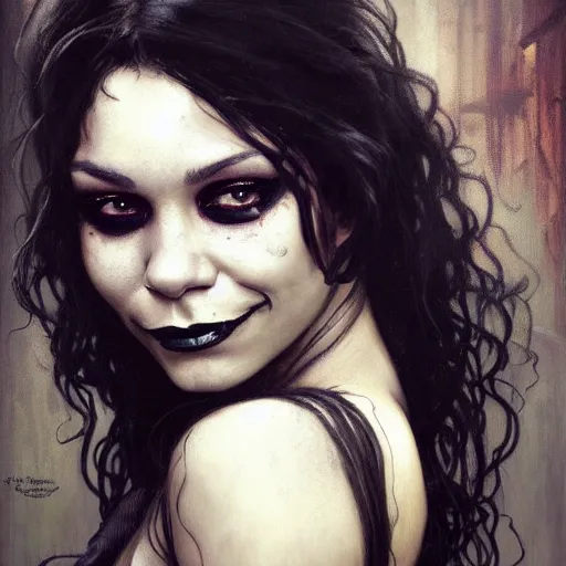 Image similar to beautiful portrait of vanessa hudgens as death from sandman, smiling, by cedric peyravernay, alphonse mucha, by jeremy mann, by lecouffe deharme, goth chic, soft lightning, eyeliner, punk rock, high detailed, 8 k