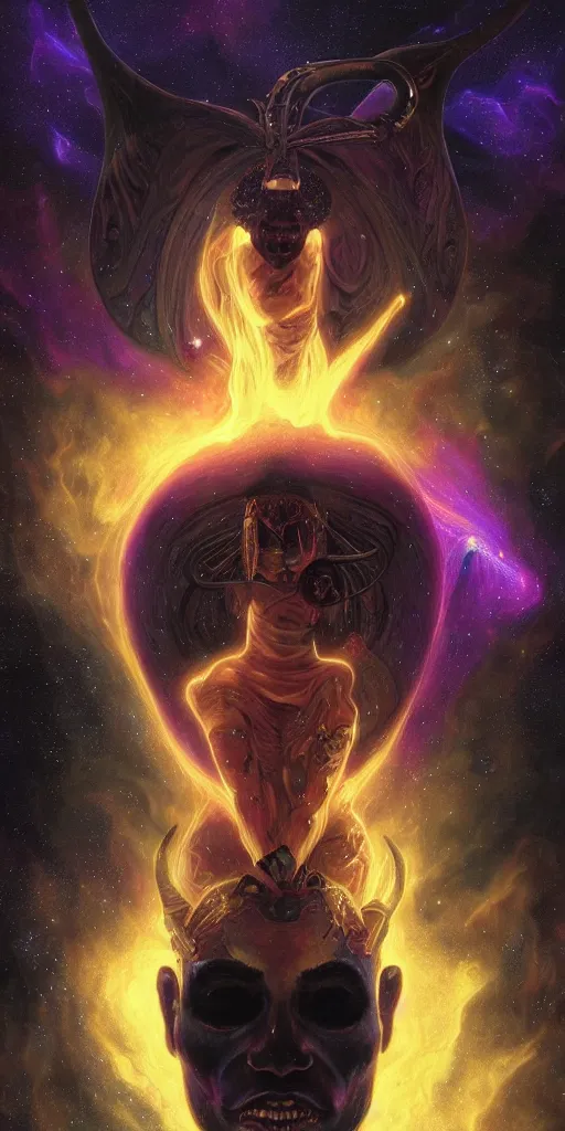 Prompt: intense glowing egyptian god with horns and intense black eyes with a skull on fire in very dark cosmic nebula by artgerm and beksinski and alphonse mucha, portrait, fantasy, clear, light beams, lens flare, intense, uhd, amazing depth, cinematic lighting, black and purple and shining gold