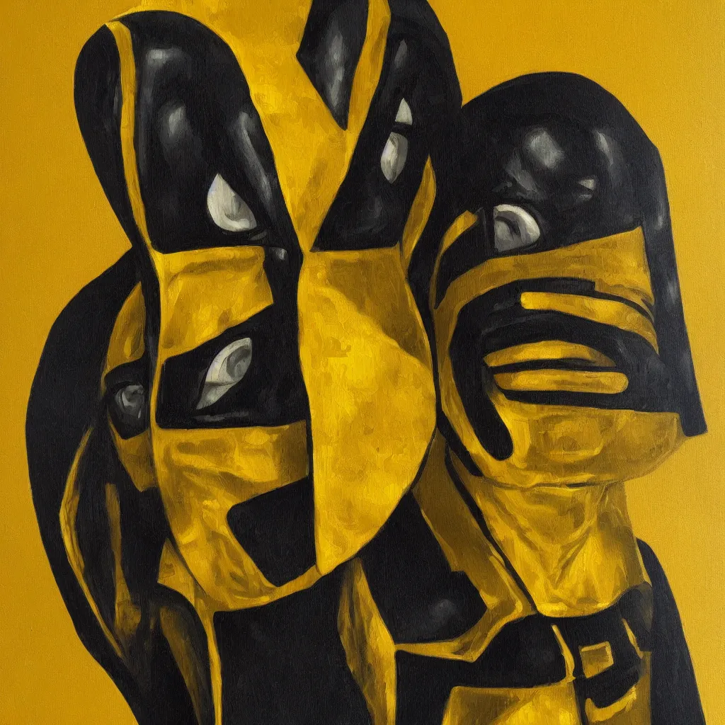 Image similar to android dressed in mask and robes, gold yellow and black colour scheme, canvas, oil paint style